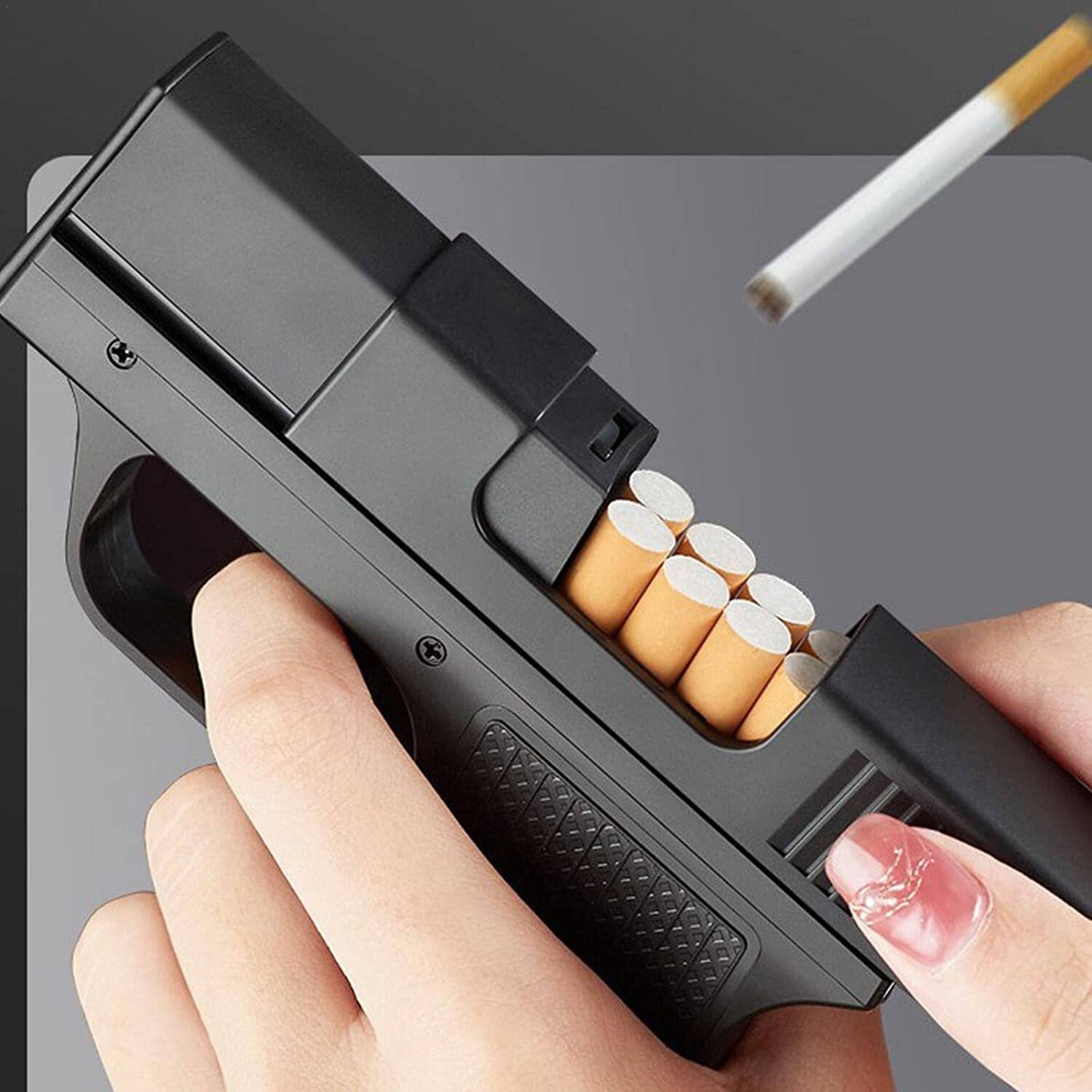 cigarette gun dispenser Pistol/Gun-Shaped Lighter & Hidden Case Holds 10 Cigarettes **USA** CIGARETTE STORAGE Jet Flame Lighter