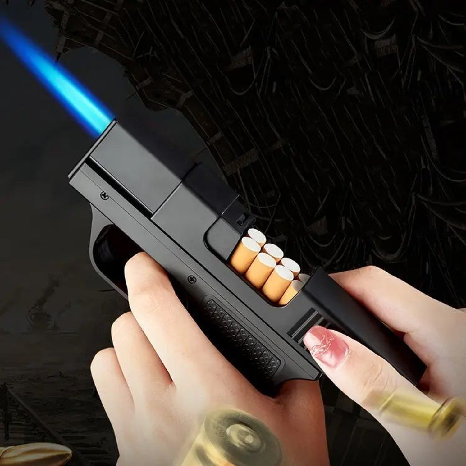 Image of VIOVI Focus Gun Cigarette Case Inbuilt Rechargeable Windproof Torch Blue Jet Flame Lighter 10 pcs Cigarette Box Pocket Lighter