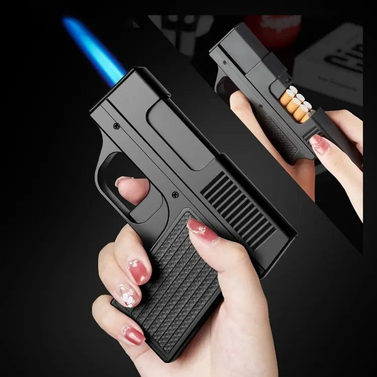Image of VIOVI Focus Gun Cigarette Case Inbuilt Rechargeable Windproof Torch Blue Jet Flame Lighter 10 pcs Cigarette Box Pocket Lighter
