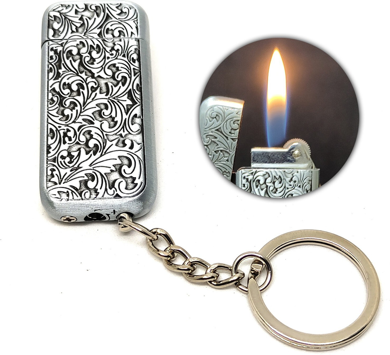 Image of Point Zero Premium Essential Refillable Metal Body Small Art Silver Wheel Flame Keychain Pocket Lighter