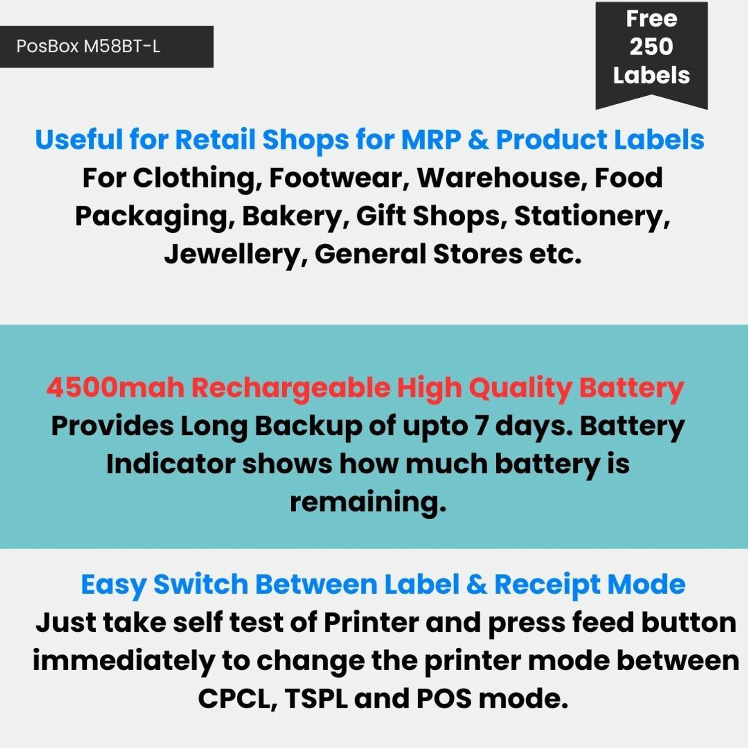 Image of PosBox 2 Inch Bluetooth Label + Receipt 2 in 1 Thermal Printer with 4500mah Rechargeable Battery for Mobile and PC
