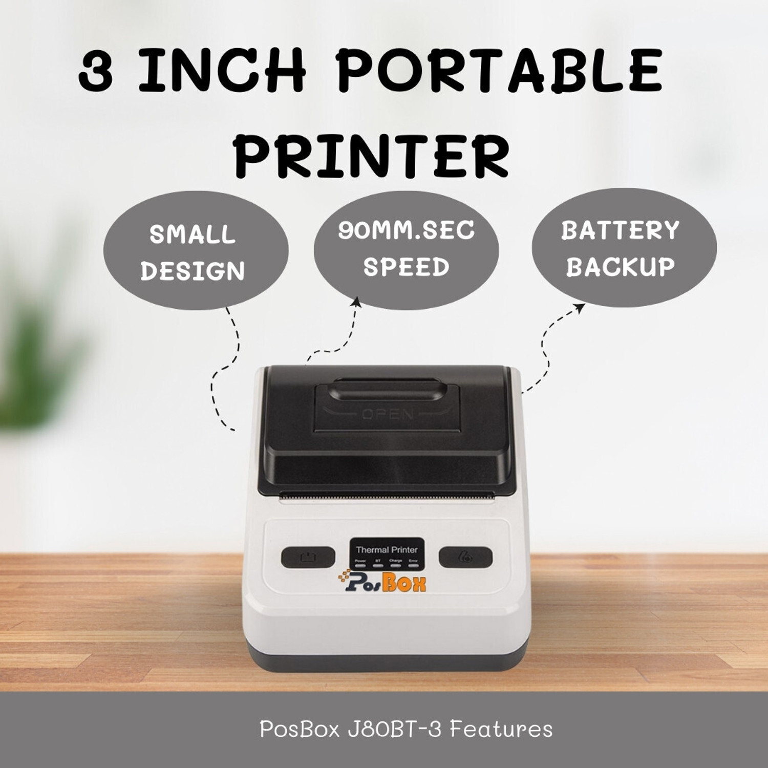 Image of PosBox 80mm (3 Inches) Portable Thermal Printer with Multiple Speed, USB + Bluetooth Connectivity and Rechargeable Battery