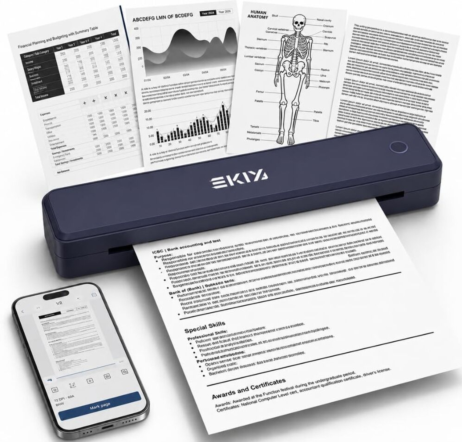 Image of EKIY 2026 Mini Wireless A4 Inkless Thermal Printer with Thermal Sheets Included Portable Rechargeable 2600mAh Type-C (Bluetooth /USB) | 1 Year Warranty (Blue)