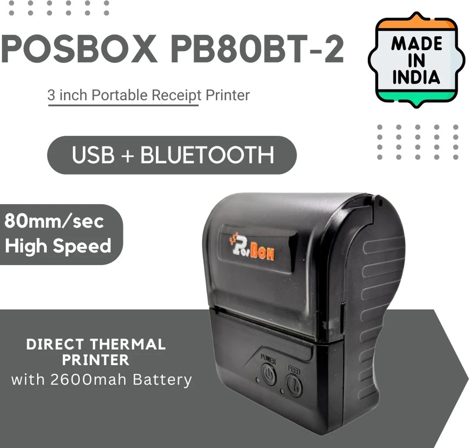Image of PosBox 80mm (3 Inches) Portable Thermal Receipt Printer with High-Speed Printing, USB + Bluetooth Connectivity and Rechargeable Battery