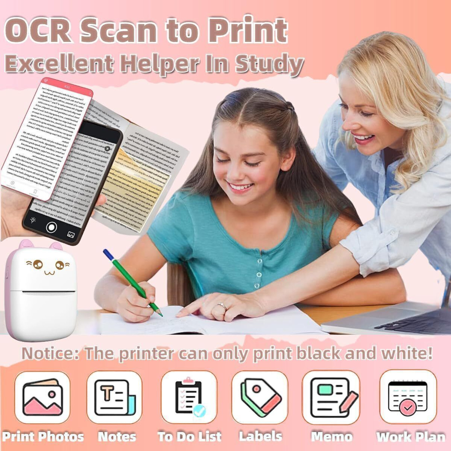 Image of VISSHI Mini Bluetooth Thermal Printer, Portable Label Printer Inkfree mini Printer Mini Bluetooth Thermal Printer
