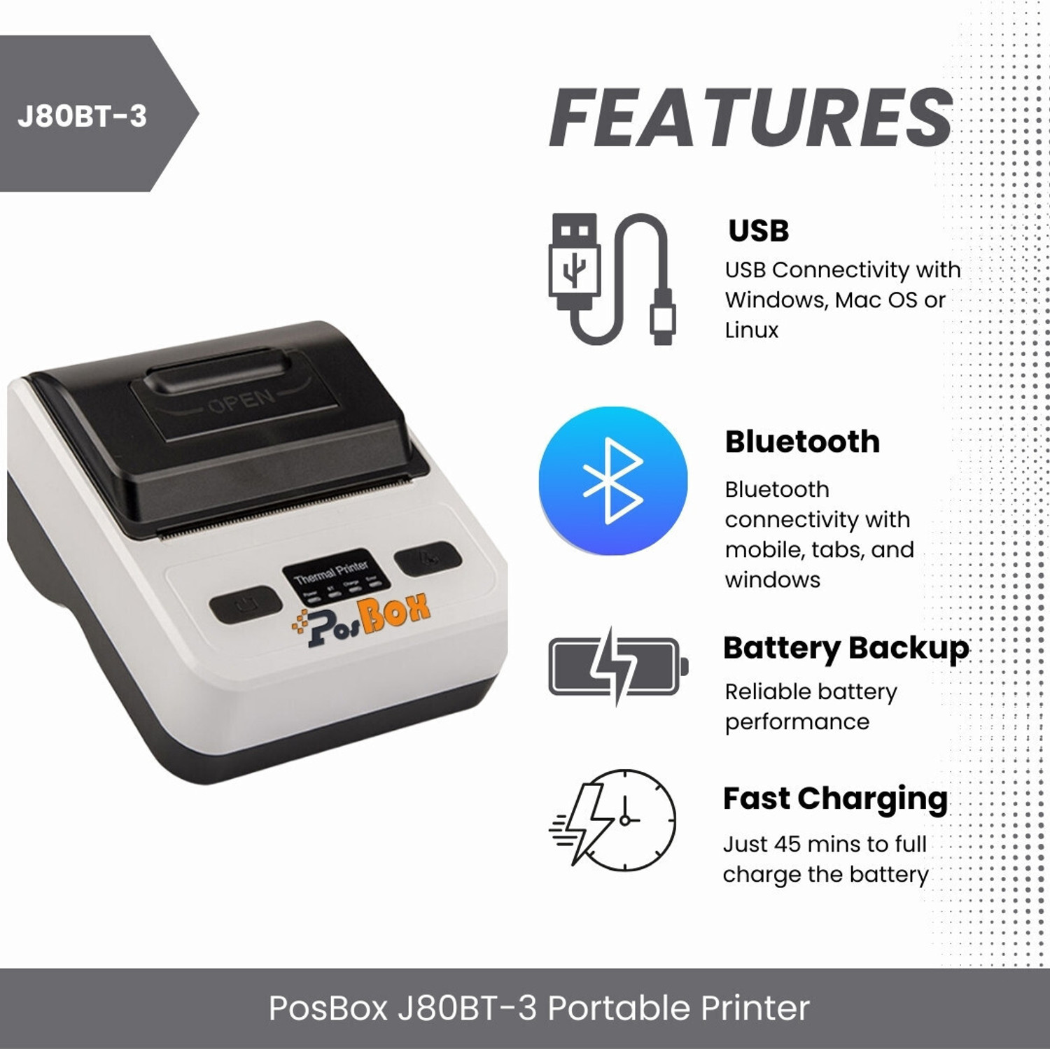 Image of PosBox 80mm (3 Inches) Portable Thermal Printer with Multiple Speed, USB + Bluetooth Connectivity and Rechargeable Battery