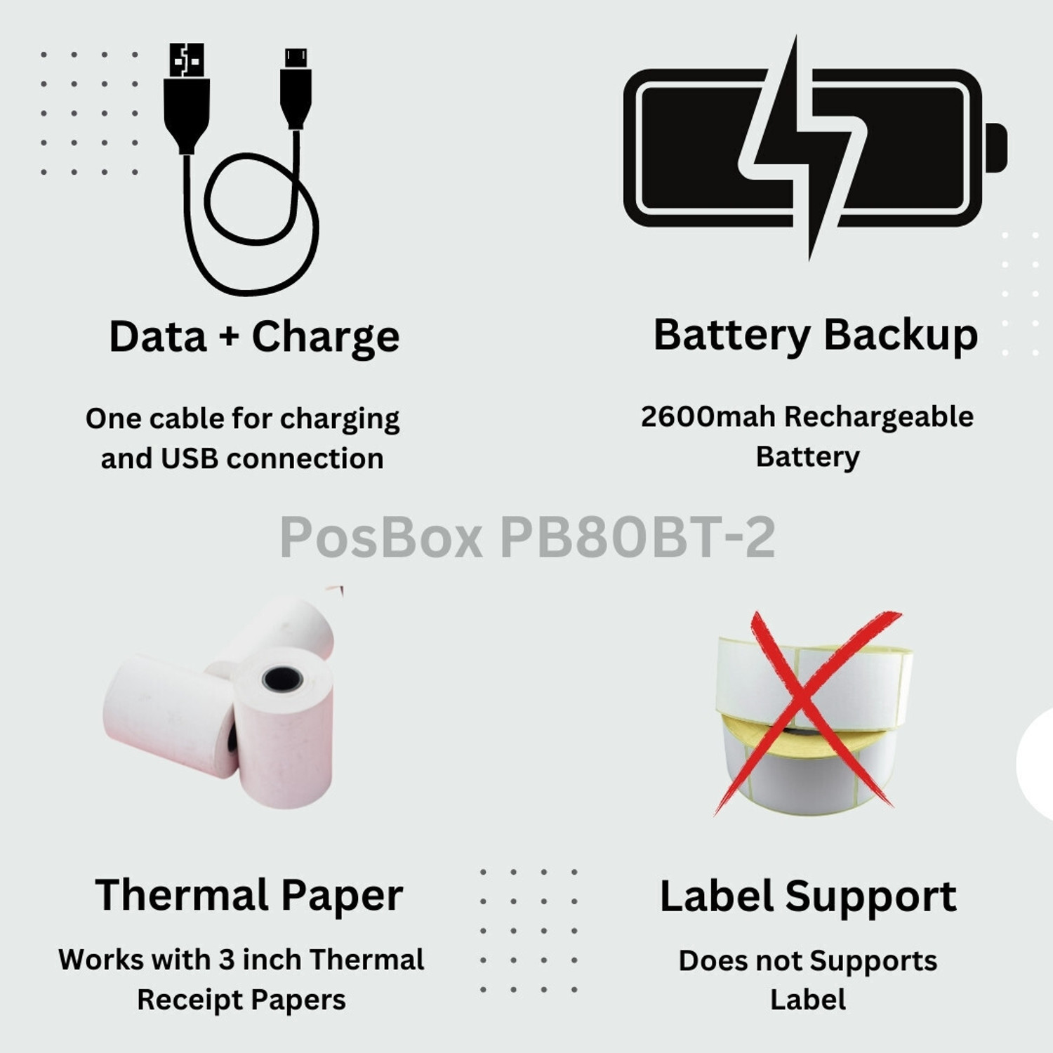 Image of PosBox 80mm (3 Inches) Portable Thermal Receipt Printer with High-Speed Printing, USB + Bluetooth Connectivity and Rechargeable Battery