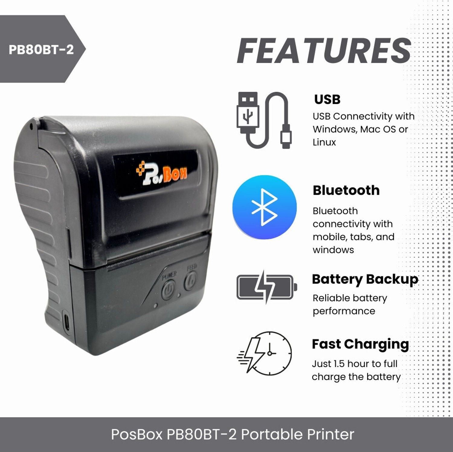 Image of PosBox 80mm (3 Inches) Portable Thermal Receipt Printer with High-Speed Printing, USB + Bluetooth Connectivity and Rechargeable Battery