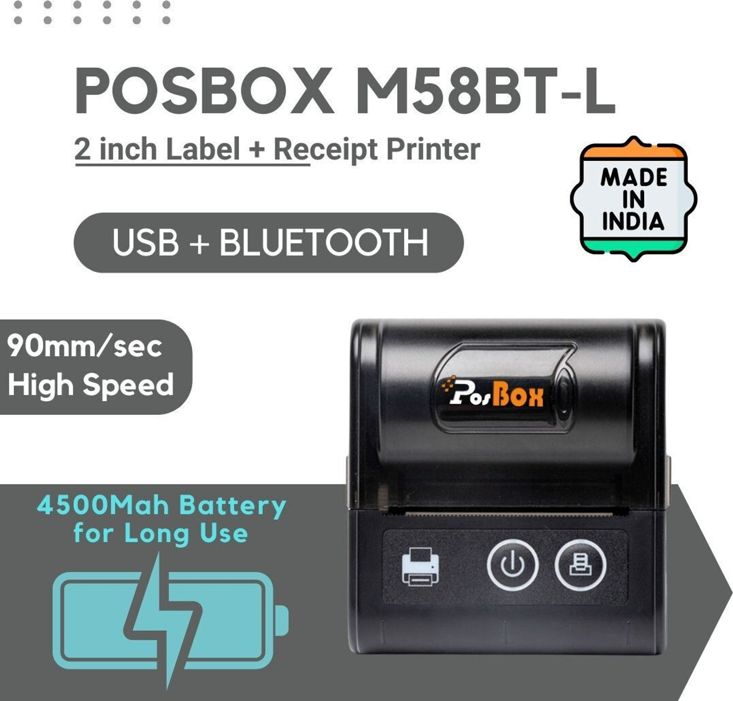 Image of PosBox 2 Inch Bluetooth Label + Receipt 2 in 1 Thermal Printer with 4500mah Rechargeable Battery for Mobile and PC