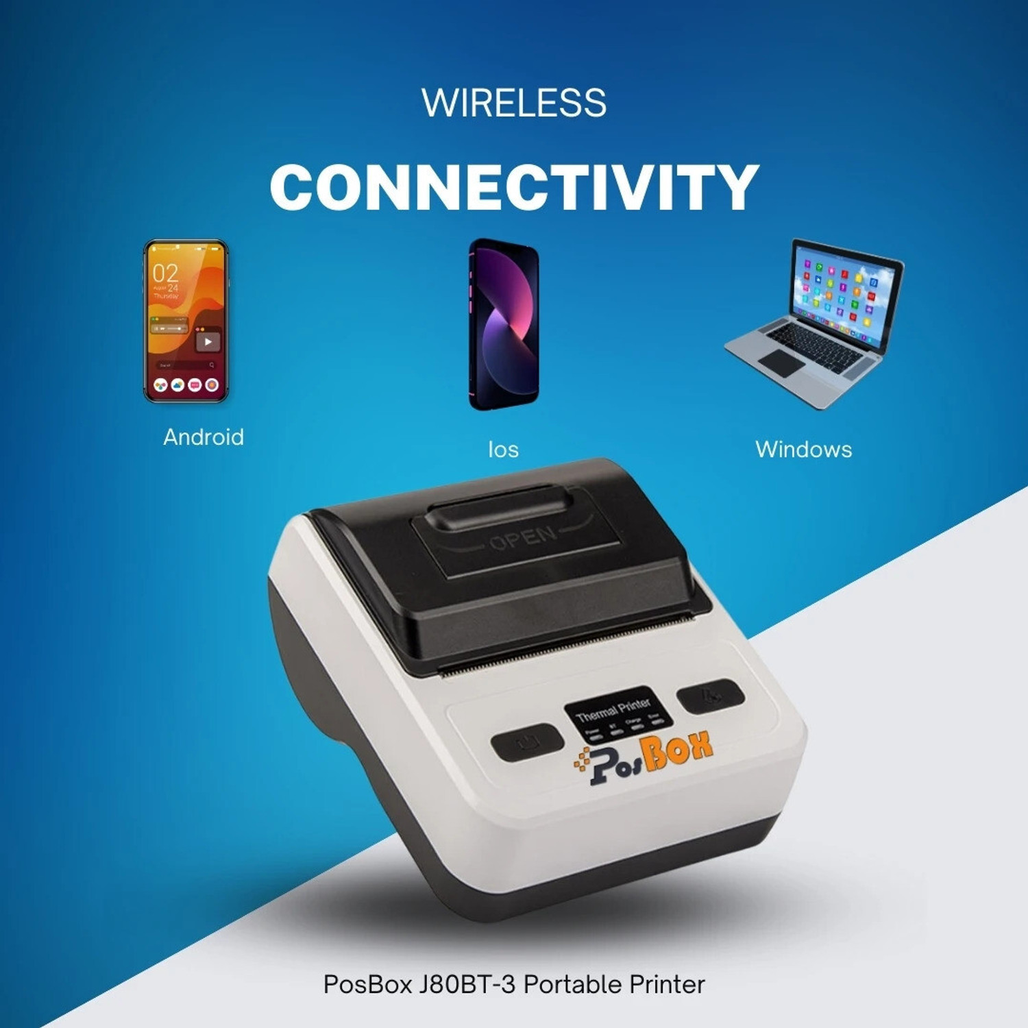 Image of PosBox 80mm (3 Inches) Portable Thermal Printer with Multiple Speed, USB + Bluetooth Connectivity and Rechargeable Battery