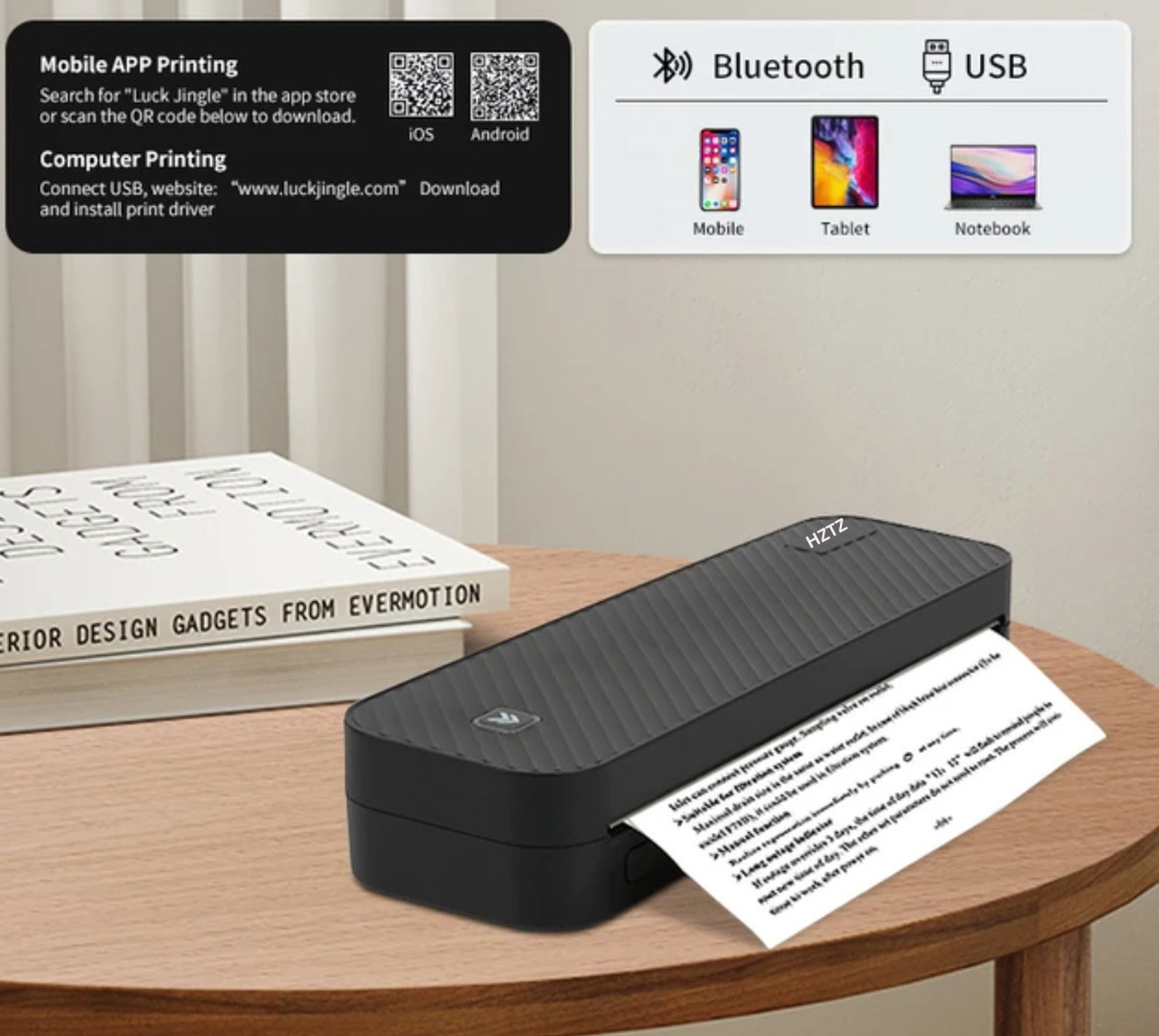 Image of HZTZ A4 Printer Bluetooth Wireless, Inkless Thermal Smart Printer Compatible With Tatoo Printing, Android iOS Smartphone with 5pcs A4 Thermal Roll