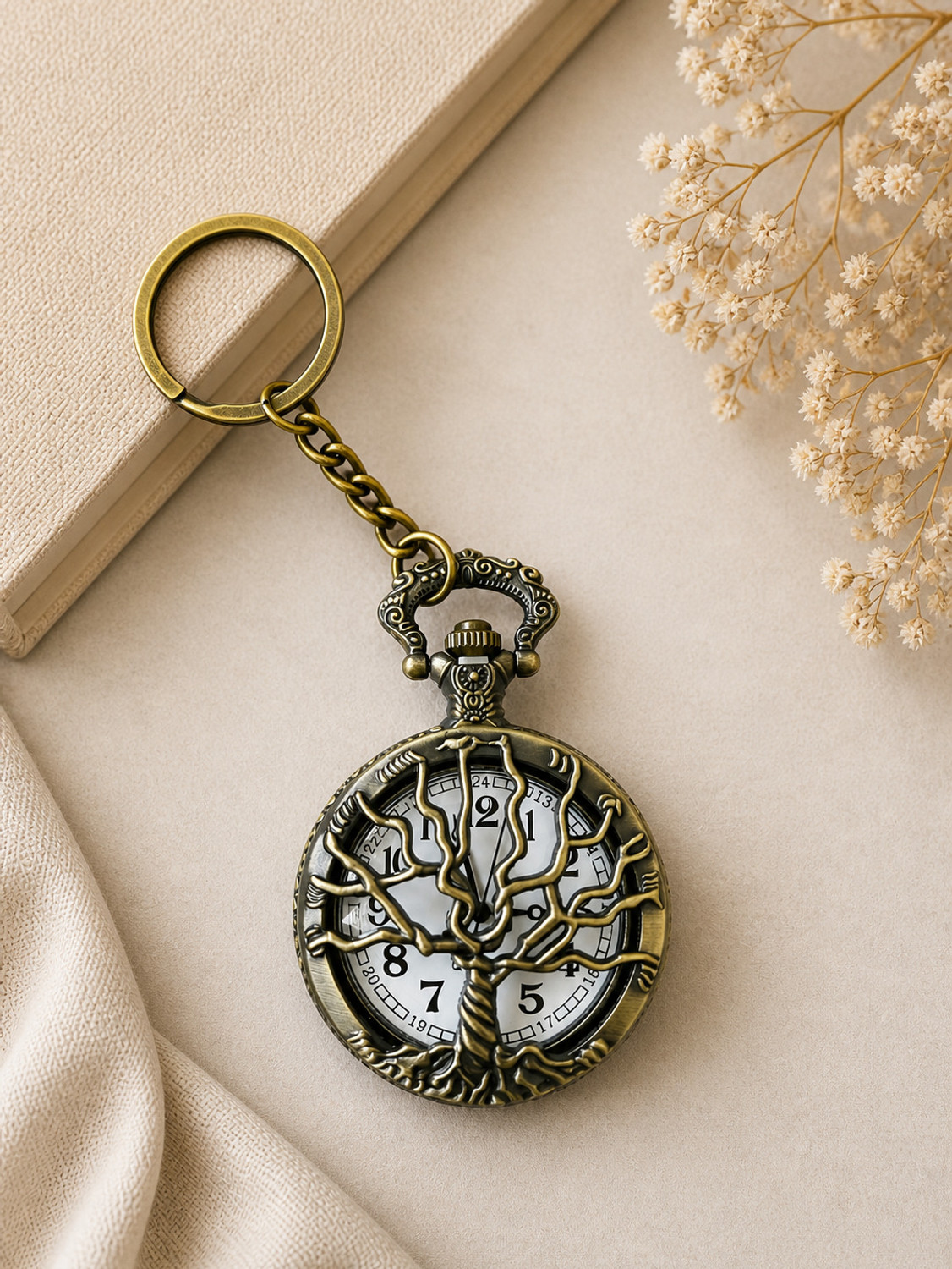 Image of Faraports Vintage tree Encarved Pocket Watch Key Chain FP112 Patina Bronze Pocket Watch Chain