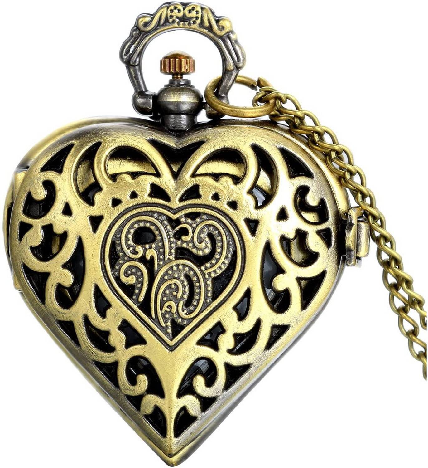 24x7eMall Heart Pocket Watch Classic Vintage Retro 2.5 Cms Diameter Pendent Heart Pocket Watch antique finish bronze Pocket Watch Chain