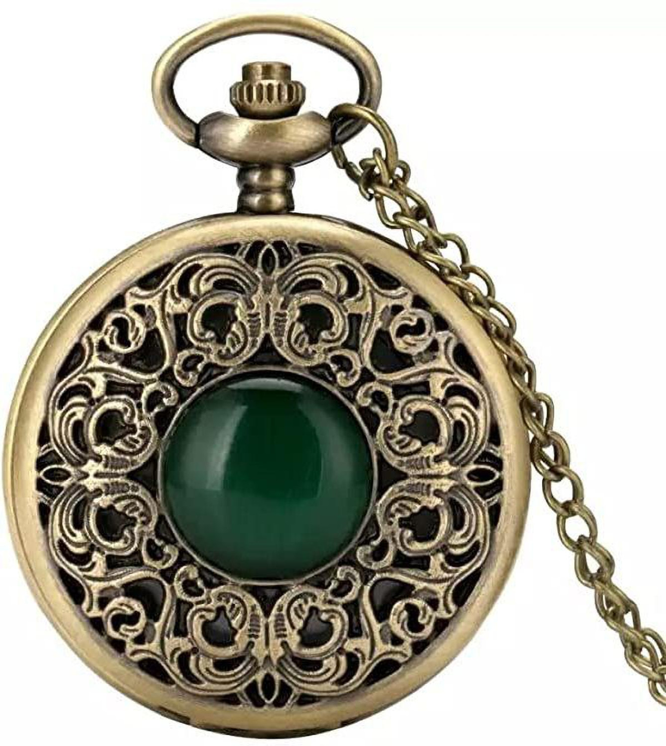 Image of TechBytesRetail KeyWorld Vintage Metal Pocket Watch Keychain, Antique Clock(Vintage Green Stone) 2022-G Metal Keychain, Pocket Watch, KieRing Pocket Watch Chain