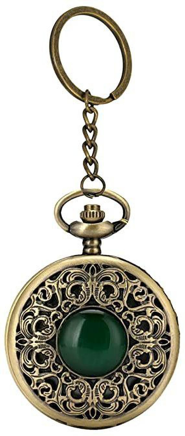 Image of TechBytesRetail KeyWorld Vintage Metal Pocket Watch Keychain, Antique Clock(Vintage Green Stone) 2022-G Metal Keychain, Pocket Watch, KieRing Pocket Watch Chain
