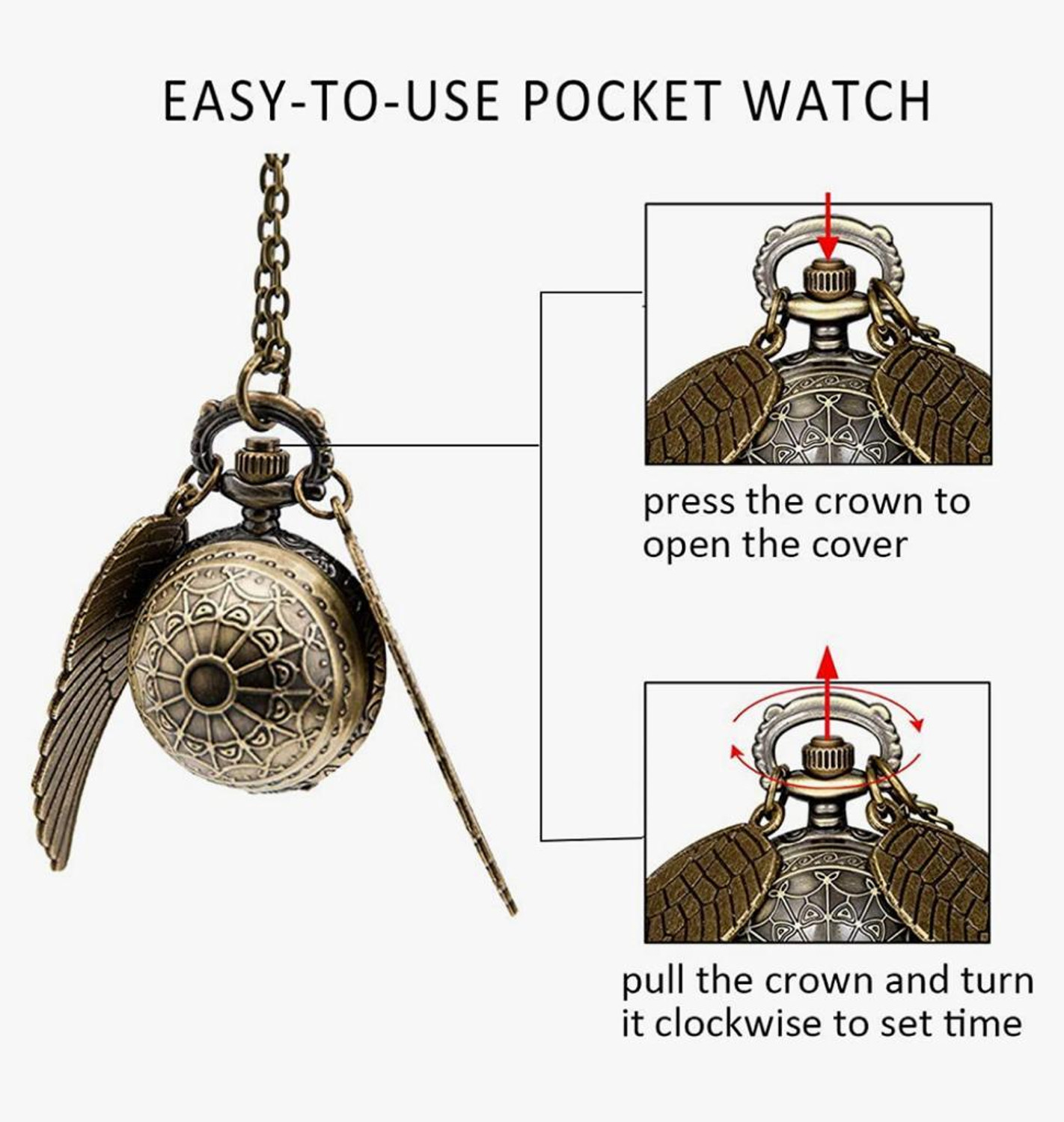 Image of AZYASCO Harry Potter Snitch Ball Pendant Pocket Watch Quartz Analog Mini Necklace Gift HS-591 Vintage Metal Pocket Watch Chain