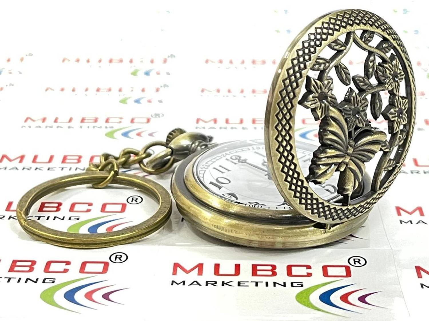 メモリアルチャーム&ペンダント 蝶々と花 Mubco Antique Butterfly Flower Design Pocket Watch Keychain Quartz