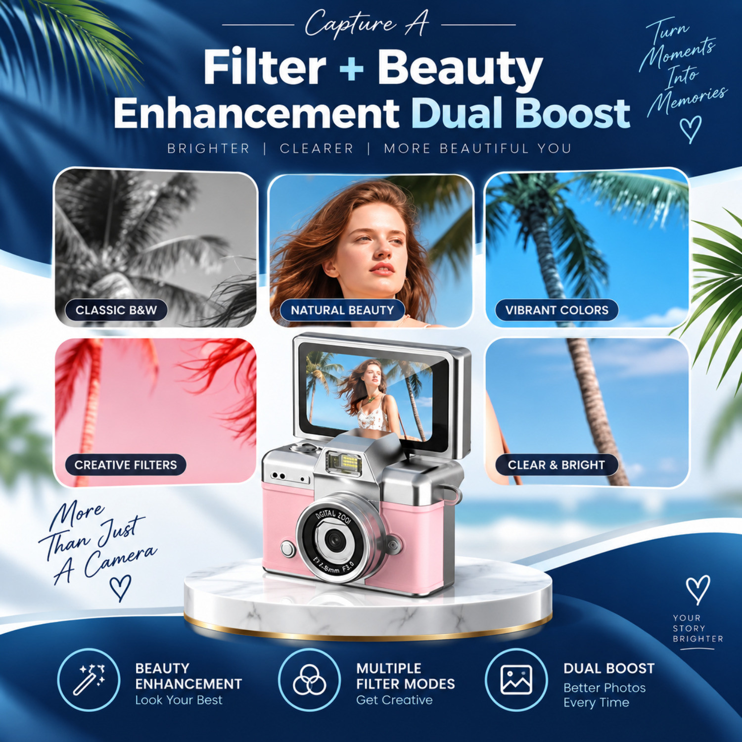 Image of FITRIC Pixeloom Digital Camera with 180 Flip Screen, HD Photo Video Recording, Beauty Filters, Rechargeable Battery, TF Card Support, Portable Retro Style Camera