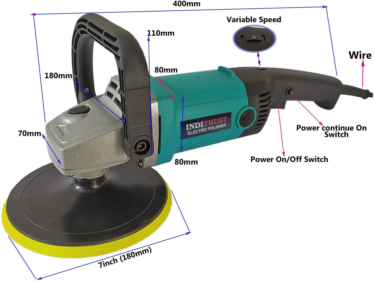 Image of Inditrust Yi-King 1200W 7 inch car polisher tool machine with speed control velcro pad and wool pad Vehicle Polisher (7 inch)