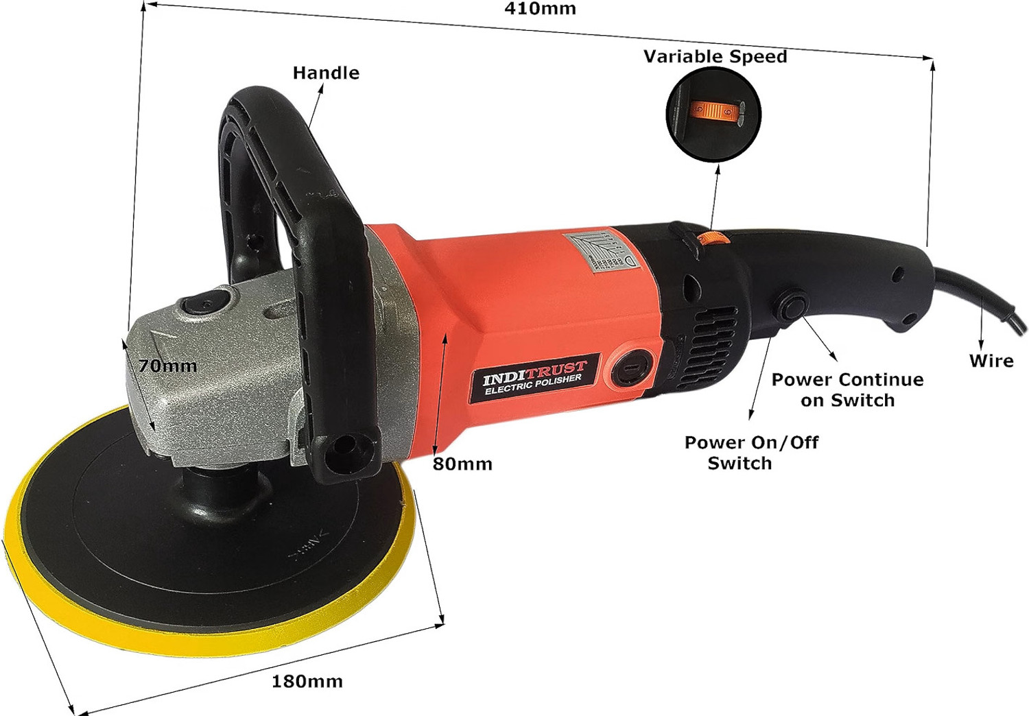 Image of Inditrust Yi-King 1200W 7 inch car polisher tool machine with speed control velcro pad and wool pad Vehicle Polisher (7 inch)