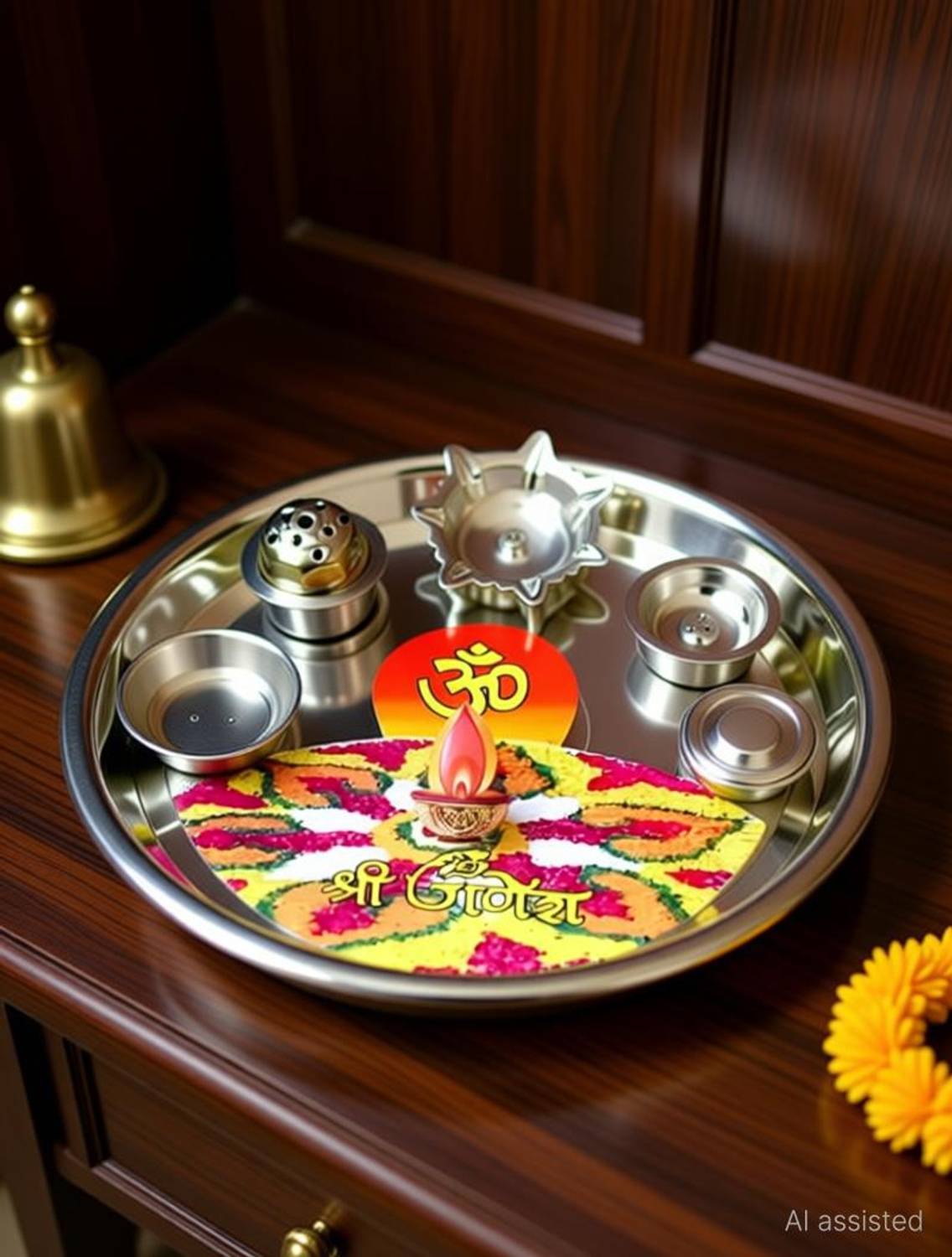 ARISERS Heavy Steel Pooja thali with Deepa Agarbatti Stand Roli, Chawal Steel