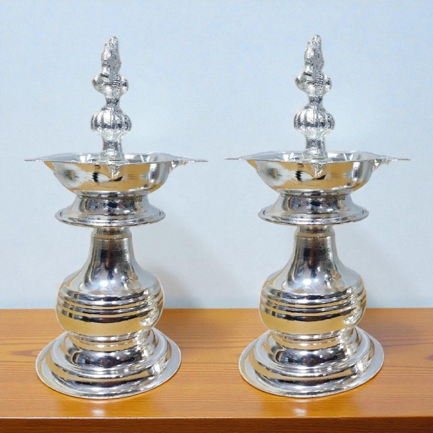 Image of Sigaram 8 X 3.5 Inch Diya Made By Pure German Silver For Home Pooja Decor K3135 Silver Plated