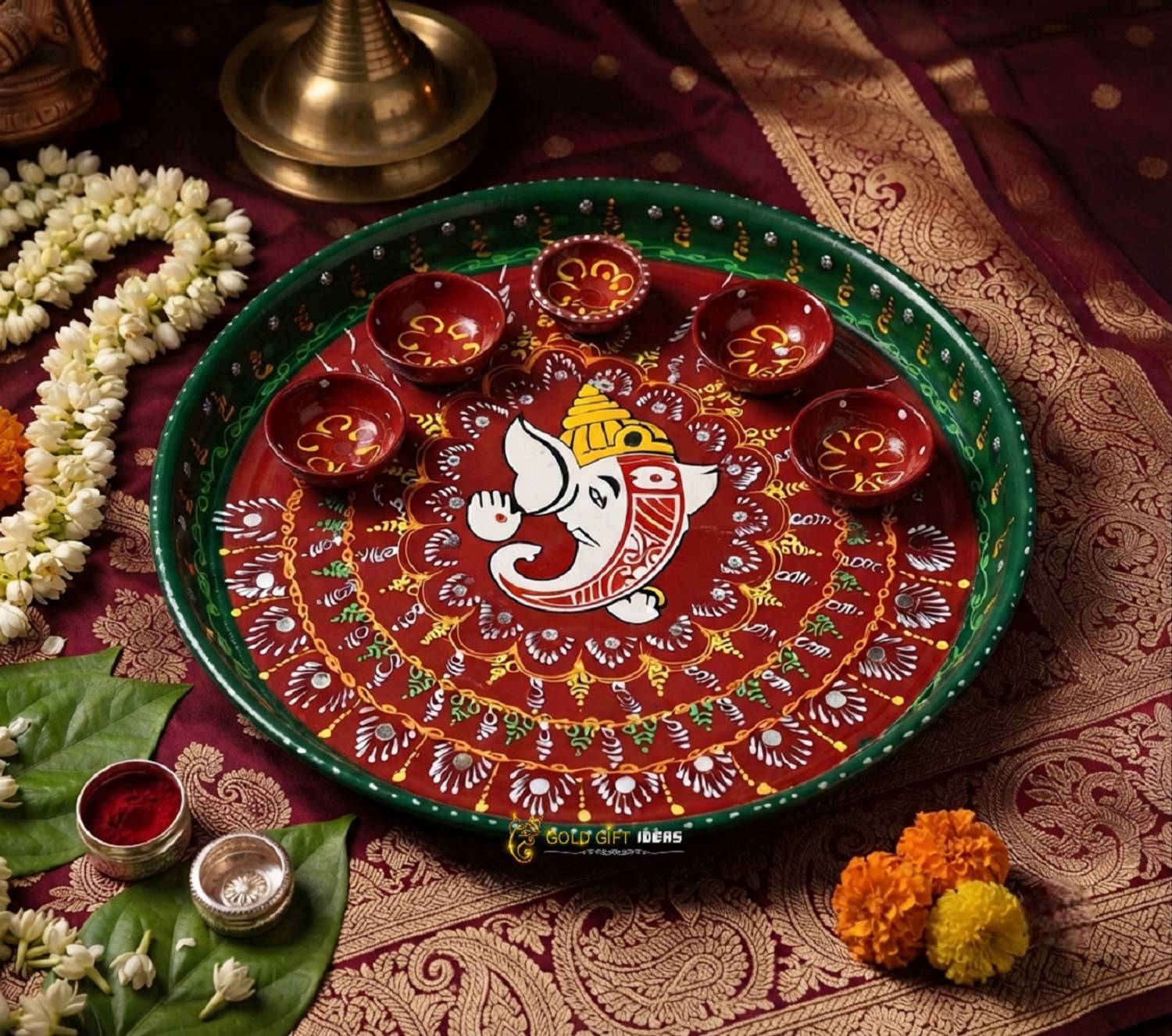 GoldGiftIdeas Bhuvanpati Ganesha Hand Paint Pooja Aarti Thali Steel