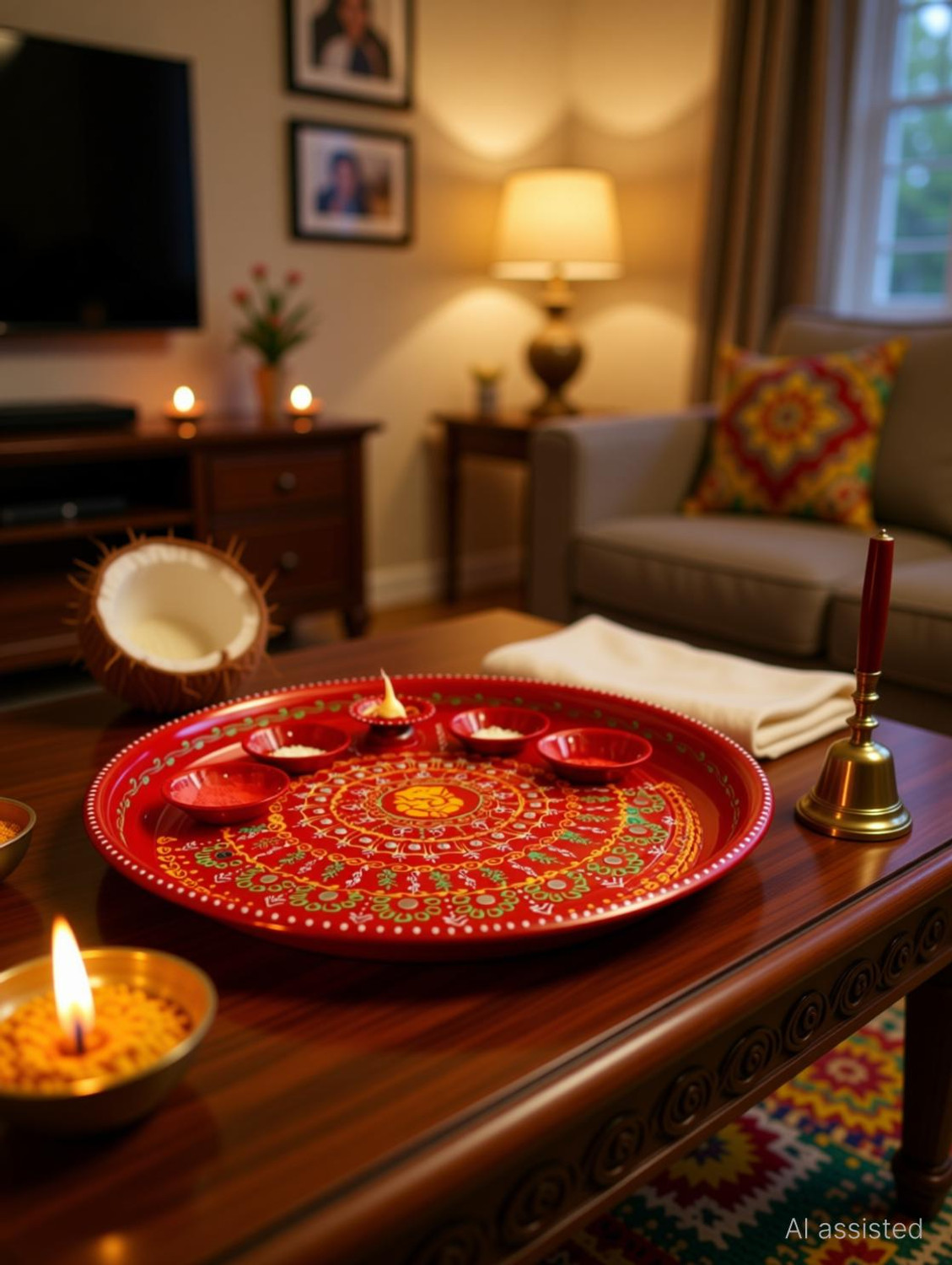 Image of P A HEALTH AND FITNESS Decorated Steel Pooja Thali with Diya Set /Haldi Kumkum Diwali Plate.[12INCH] Steel