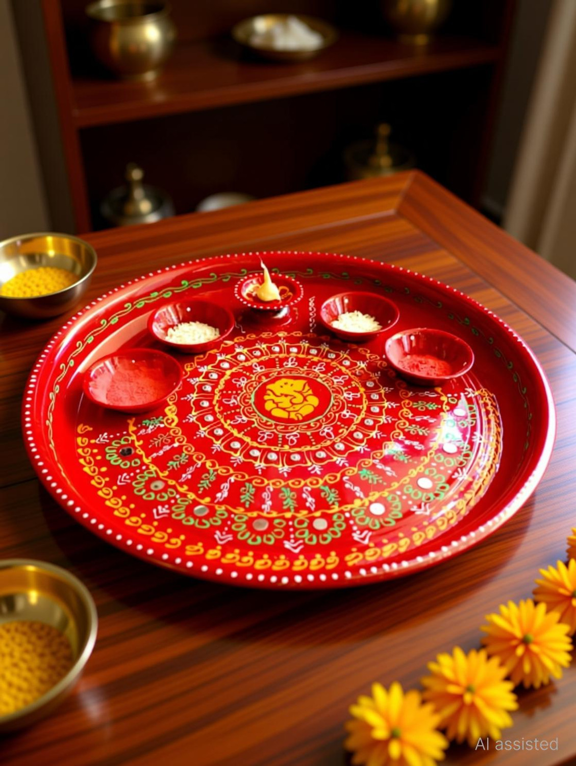 Image of P A HEALTH AND FITNESS Decorated Steel Pooja Thali with Diya Set /Haldi Kumkum Diwali Plate.[12INCH] Steel