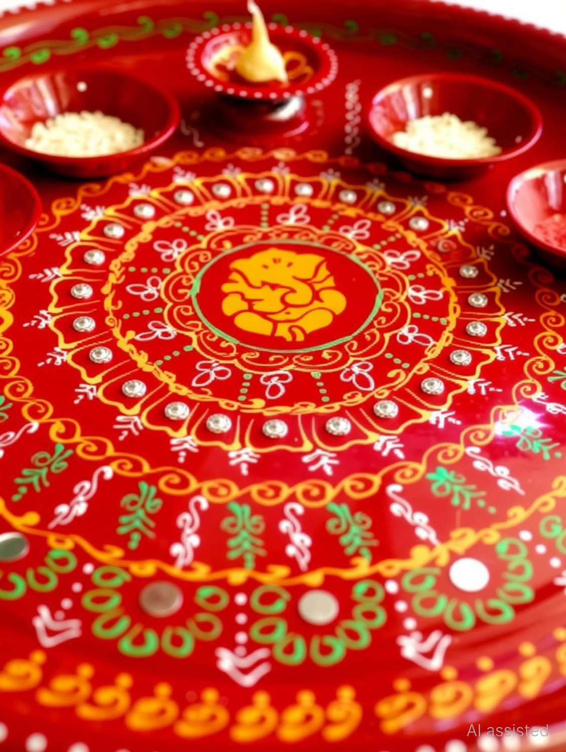 Image of P A HEALTH AND FITNESS Decorated Steel Pooja Thali with Diya Set /Haldi Kumkum Diwali Plate.[12INCH] Steel