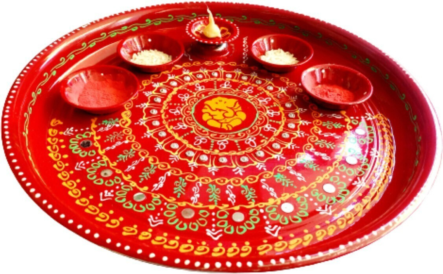 Image of P A HEALTH AND FITNESS Decorated Steel Pooja Thali with Diya Set /Haldi Kumkum Diwali Plate.[12INCH] Steel
