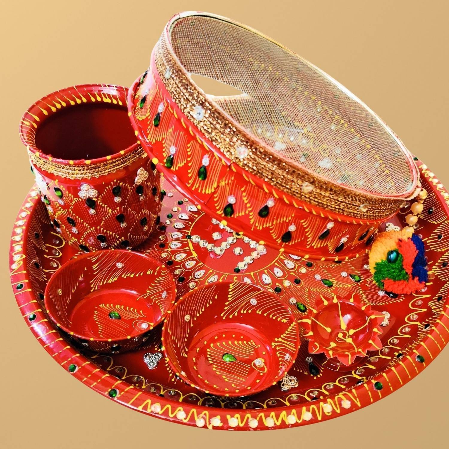 BAISA Baisa Karwa Chauth set 6 Pieces Decorative Pooja Thali Set (Thali Size 12") Steel