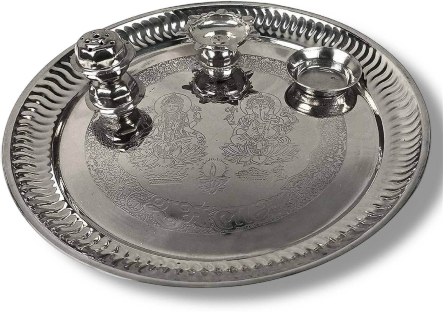 Artha Laser-Printed Laxmi Ganesh Puja Thali Set with Stand, Diya, and Multi-Use Katori Stainless Steel