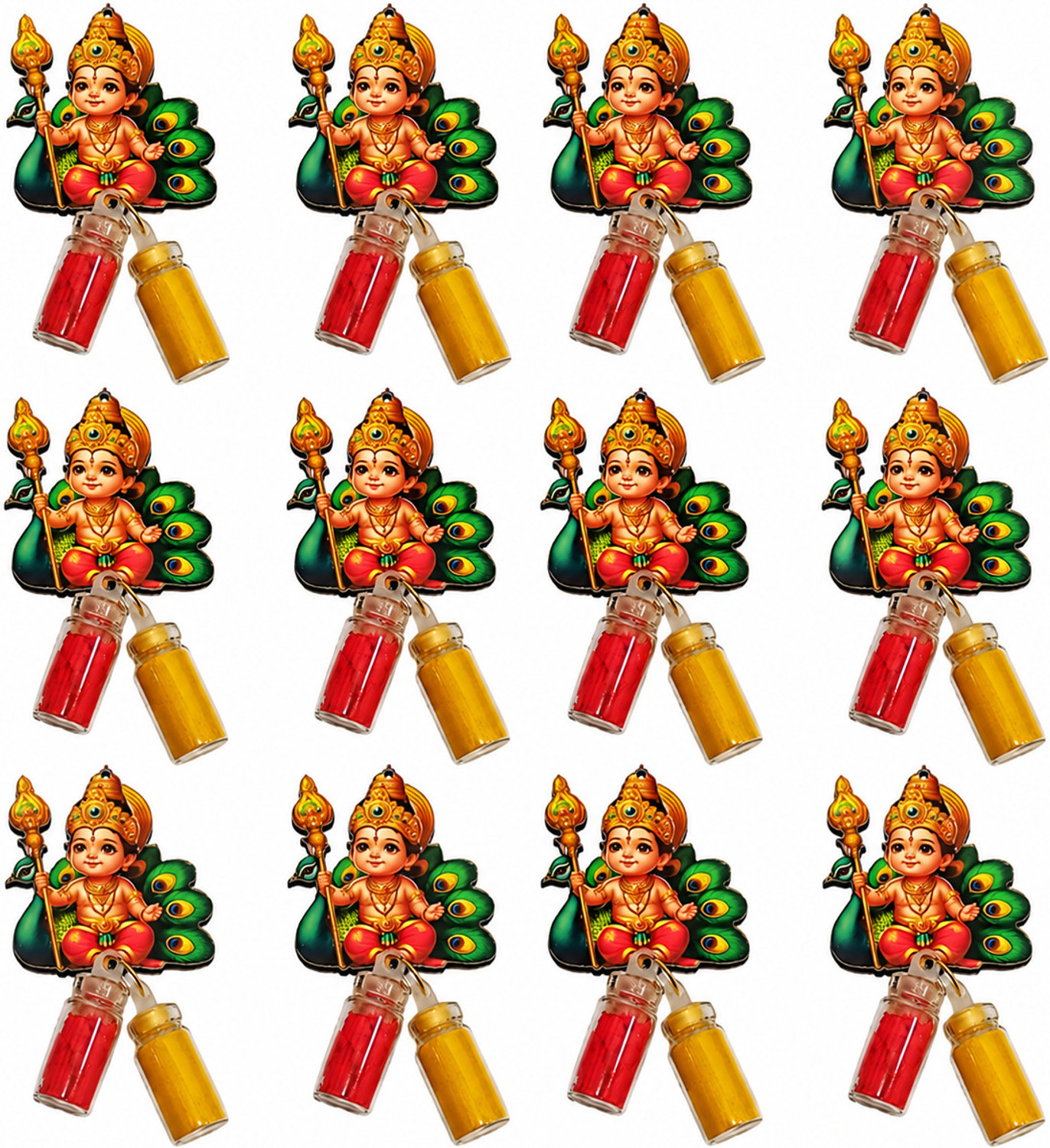 Image of JK Return Gifts Murugan (Kumaraswamy) MDF Fridge Magnet with Haldi Kumkum Bottle | Pack of 12 Wooden (12 Pieces, Multicolor)