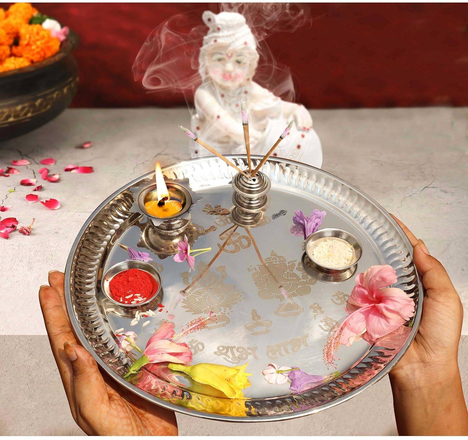 LANDSLIDE Engraved Lakshmi & Ganesh Puja Aarti Thali Set 11.5 Inch Stainless Steel