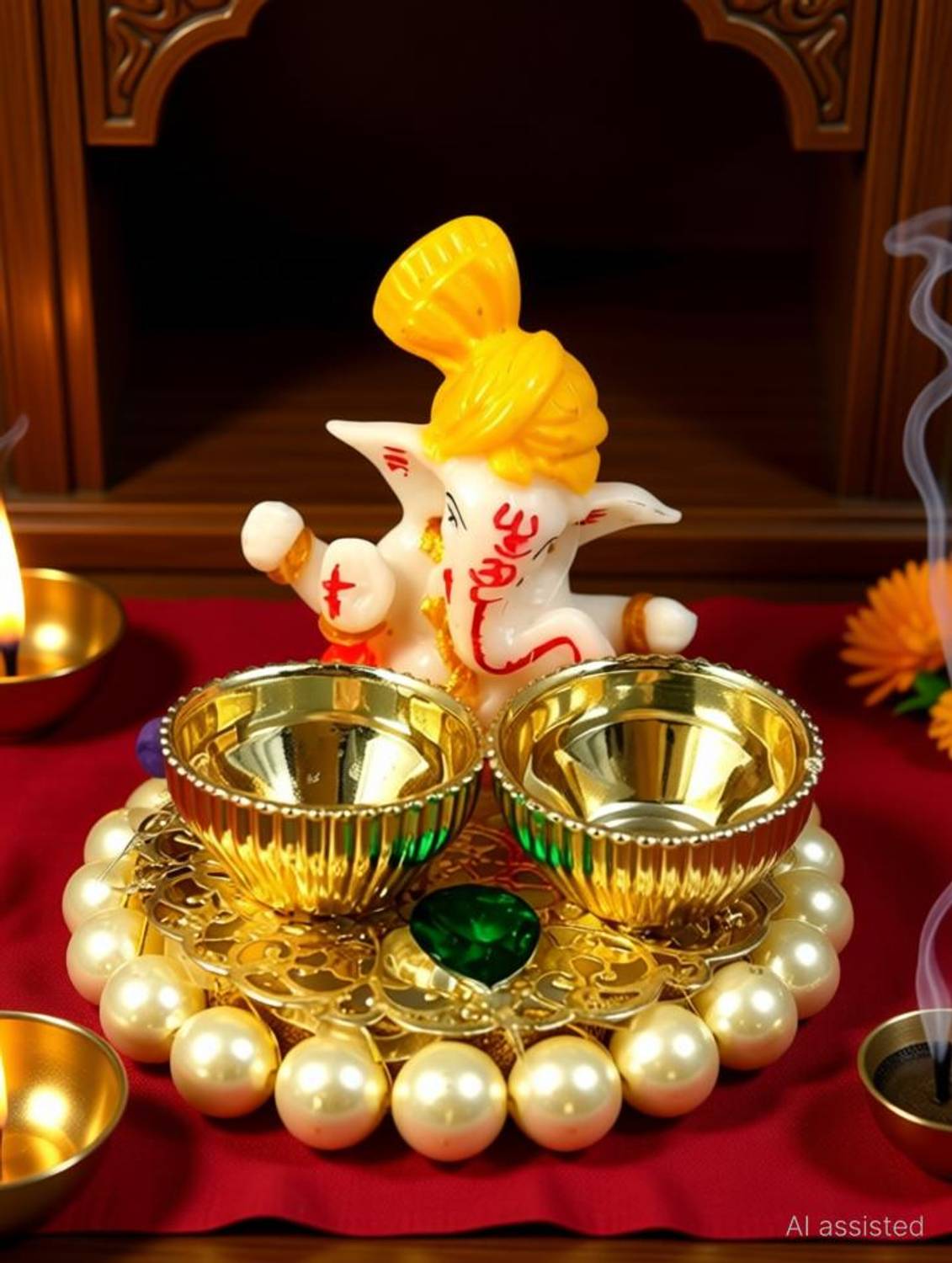 Aashirwad Creations Beautiful and Elegant Ganpati Haldi Kumkum plate Gold Plated