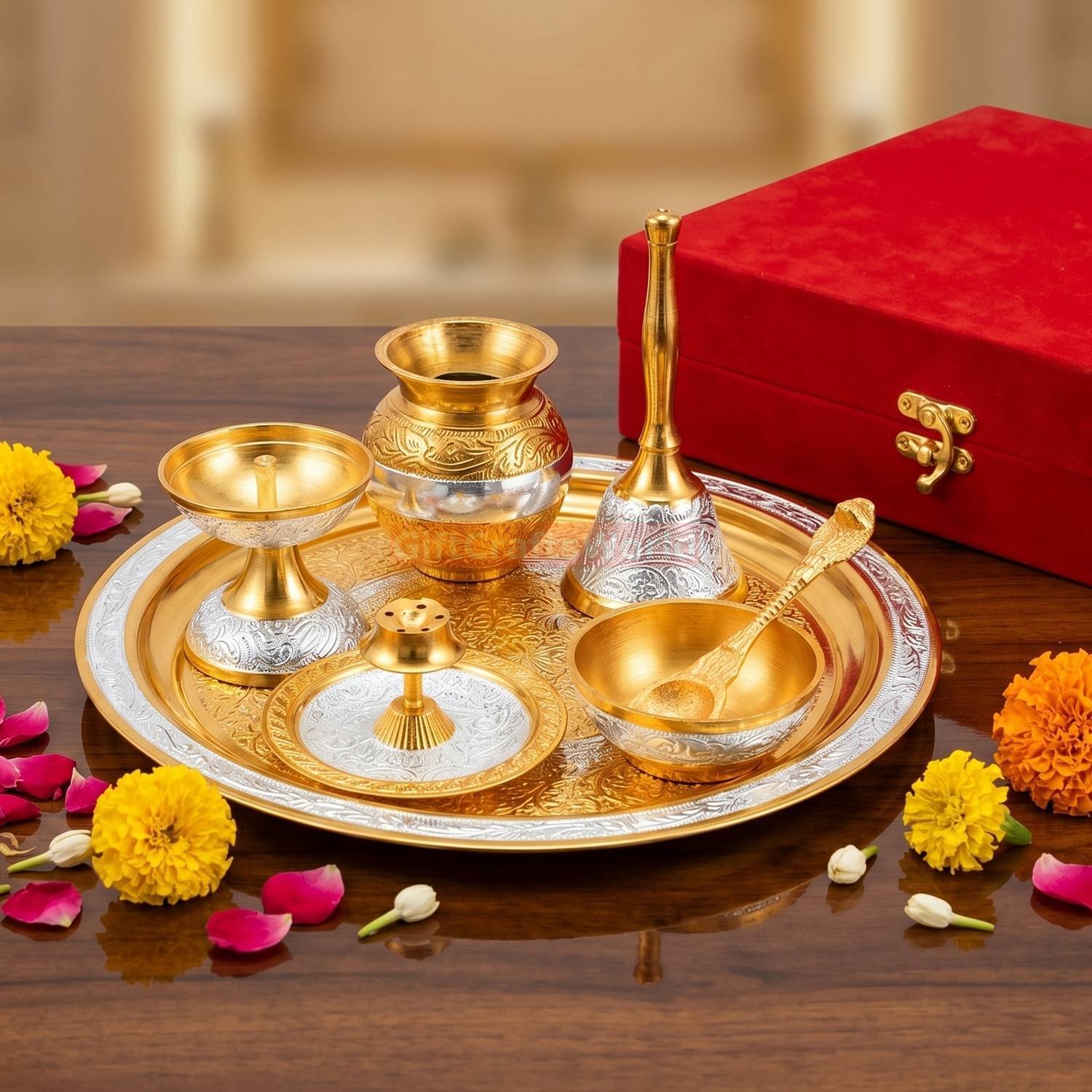astraders Traditional 8.5 inch Pooja Arti Thali Set with Gift Box Aluminium