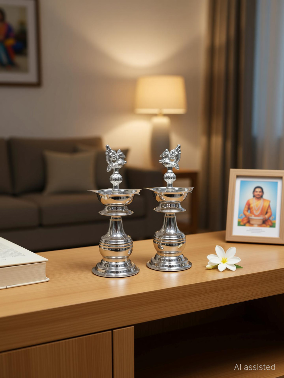 Image of Sigaram 8 X 3.5 Inch Diya Made By Pure German Silver For Home Pooja Decor K3135 Silver Plated