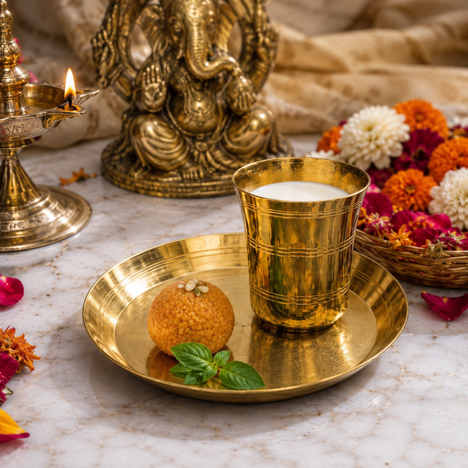 Image of GREYFIELD Pure Brass Pooja Small Glass and Plate Set|. 1 Glass, 1 palte Brass