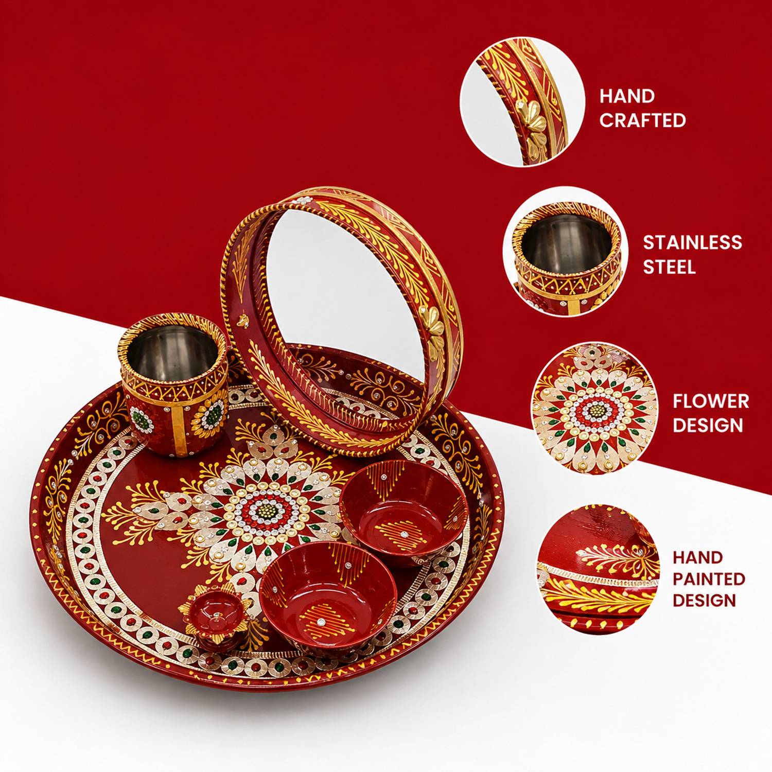 banithani Karva Chauth Pooja Thali Set| Karwa chauth Festival Swastik Puja Set 6 Pieces Stainless Steel
