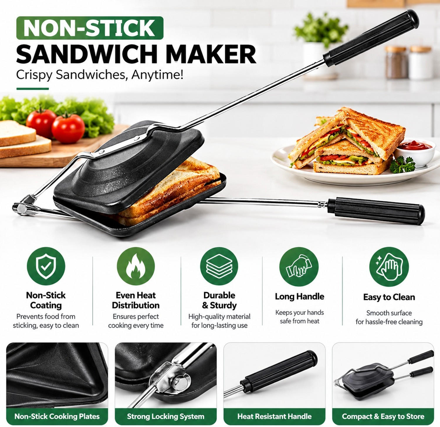 Image of maliktopaster Manual Sandwich Maker | Non-Stick Toasting & Grilling Press with Long Handle 0 W Pop Up Toaster (Silver and black)