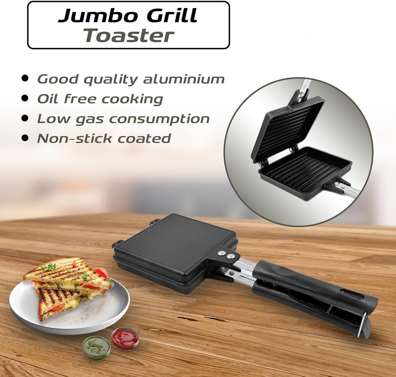 Image of RECTITUDE Thickness Grill Sandwich Maker Compatible with Jumbo Grill Gas Long Cool Handles 2 W Pop Up Toaster