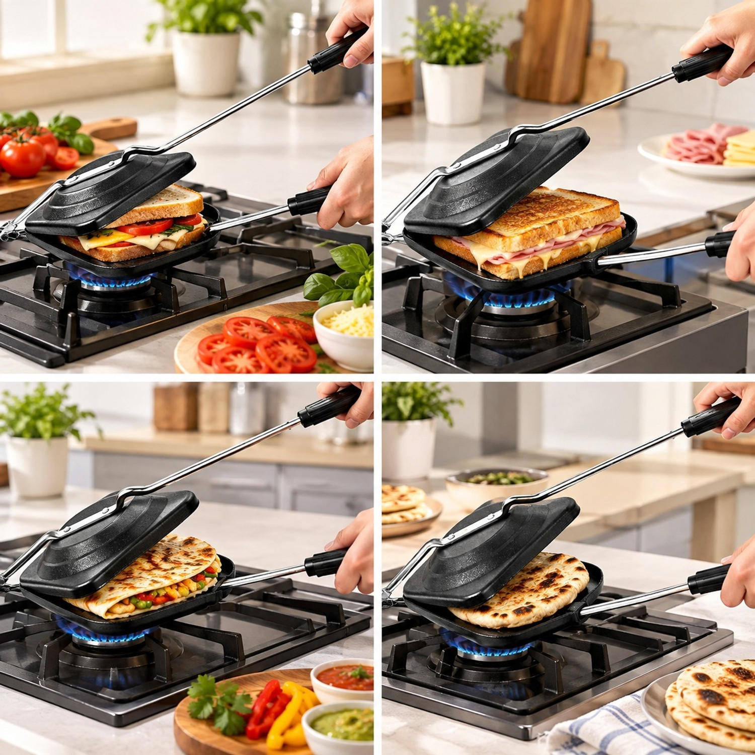Image of maliktopaster Manual Sandwich Maker | Non-Stick Toasting & Grilling Press with Long Handle 0 W Pop Up Toaster (Silver and black)