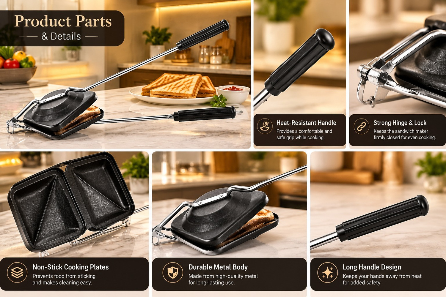 Image of maliktopaster Manual Sandwich Maker | Non-Stick Toasting & Grilling Press with Long Handle 0 W Pop Up Toaster (Silver and black)