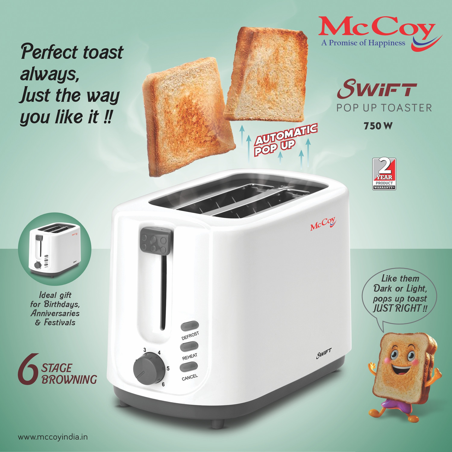 Image of Mccoy by Pop-Up Toaster Swift 750 W Pop Up Toaster