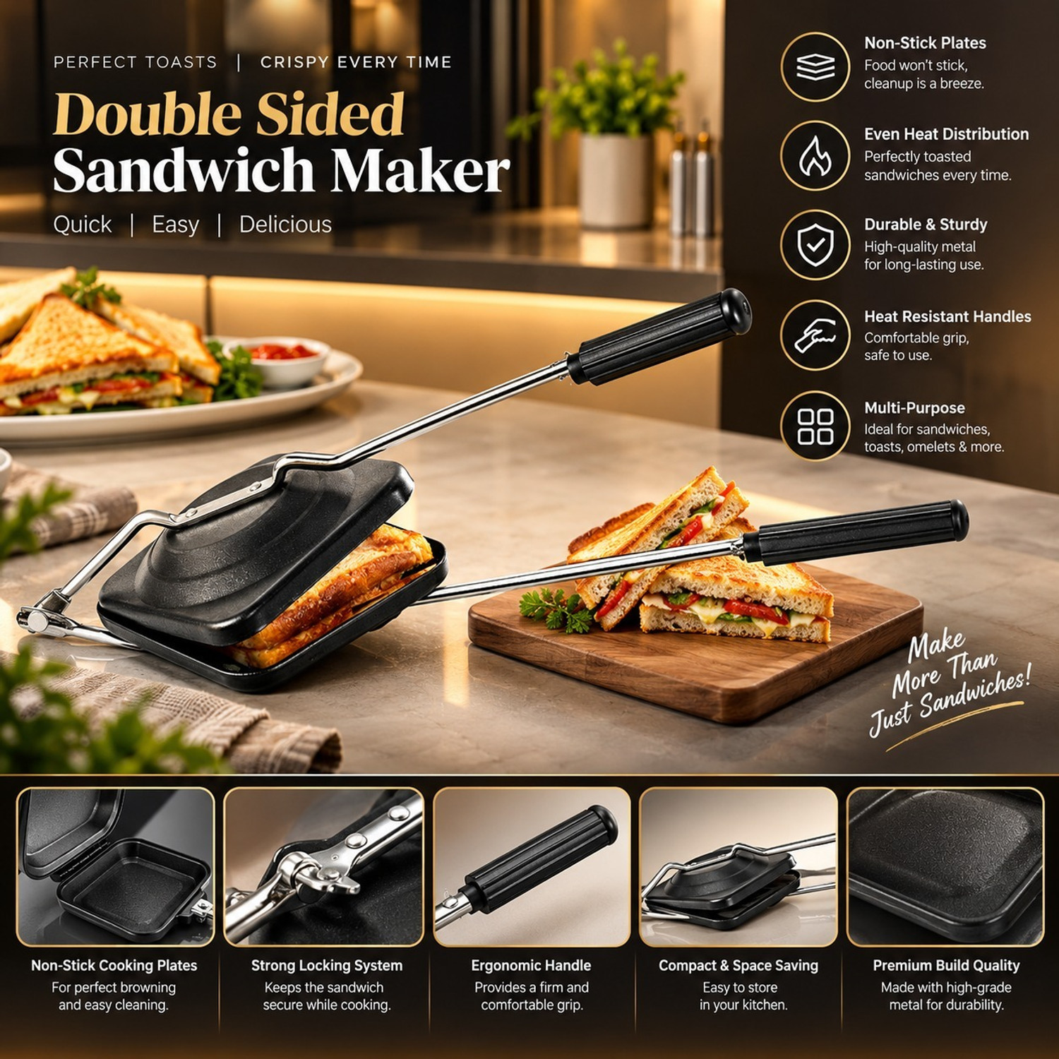 Image of maliktopaster Manual Sandwich Maker | Non-Stick Toasting & Grilling Press with Long Handle 0 W Pop Up Toaster (Silver and black)
