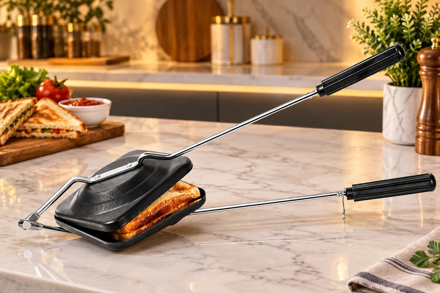 Image of maliktopaster Manual Sandwich Maker | Non-Stick Toasting & Grilling Press with Long Handle 0 W Pop Up Toaster (Silver and black)