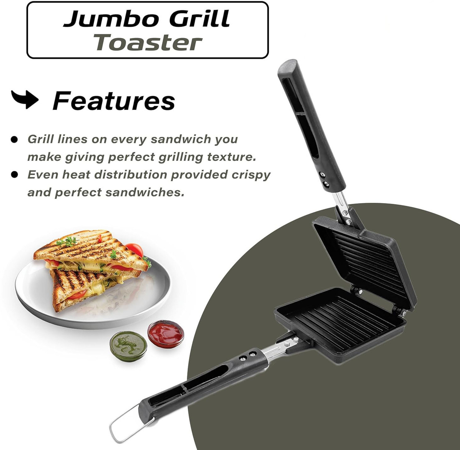Image of RECTITUDE Thickness Grill Sandwich Maker Compatible with Jumbo Grill Gas Long Cool Handles 2 W Pop Up Toaster