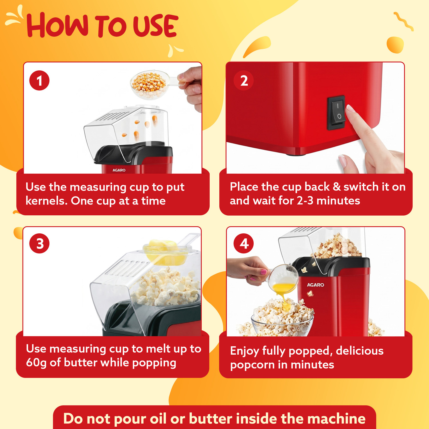 Image of AGARO Delite Electric Popcorn Maker, 1200W Hot Air Popper Oil-Free Healthy Snacks for Kids in 2 Mins, 98% Popping Rate with Measuring Cup 2 L Popcorn Maker