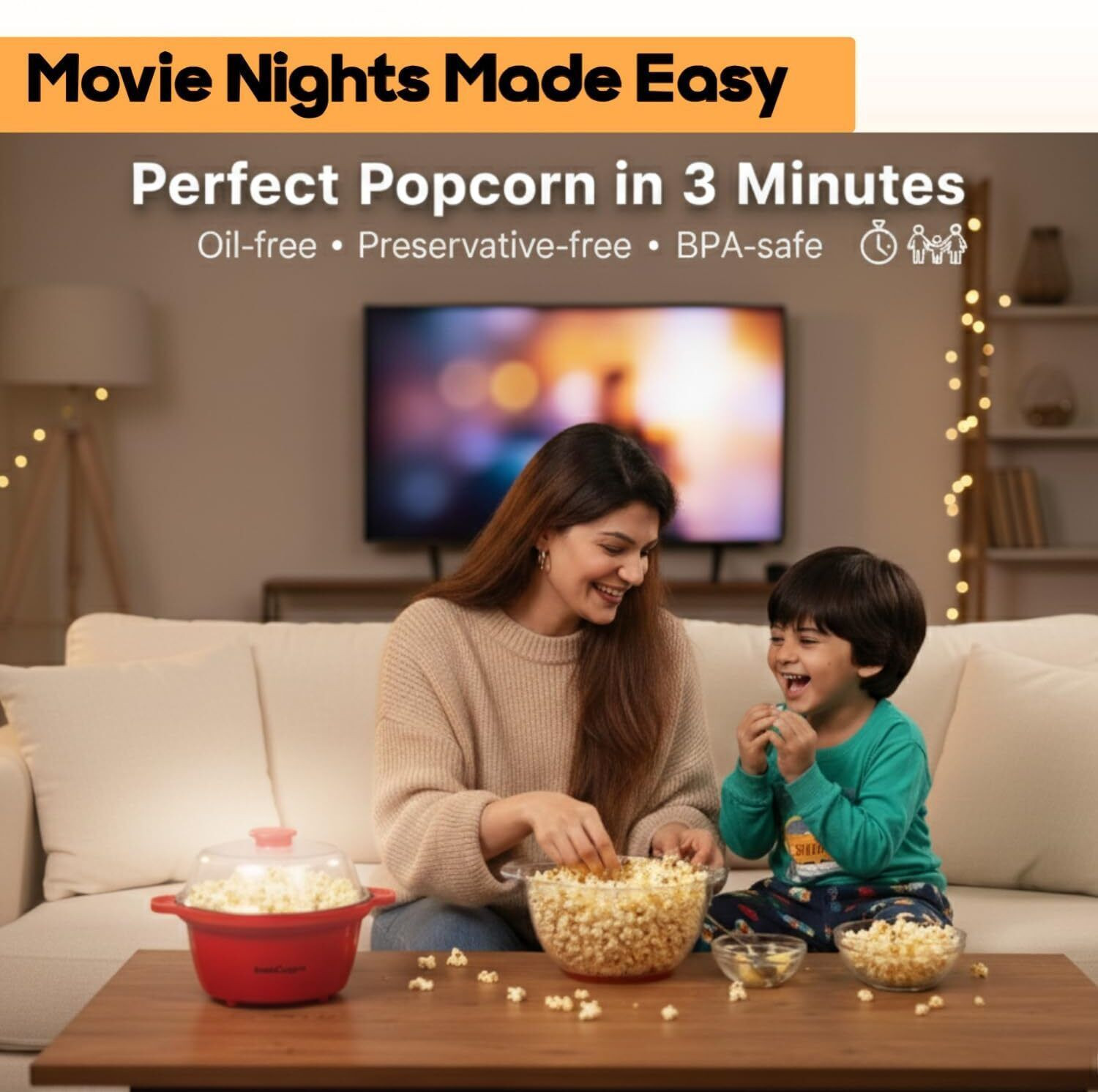 Image of INSTACUPPA Electric Popcorn Maker | Automatic One-Button Non-Stick Popper | Large Transparent Lid as Serving Bowl | Butter & Seasoning Tray, Cool-Touch Base 1800 ml Popcorn Maker